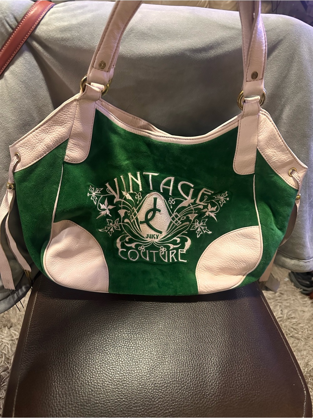 Juicy Couture Green and Cream Suede Shoulder Bag